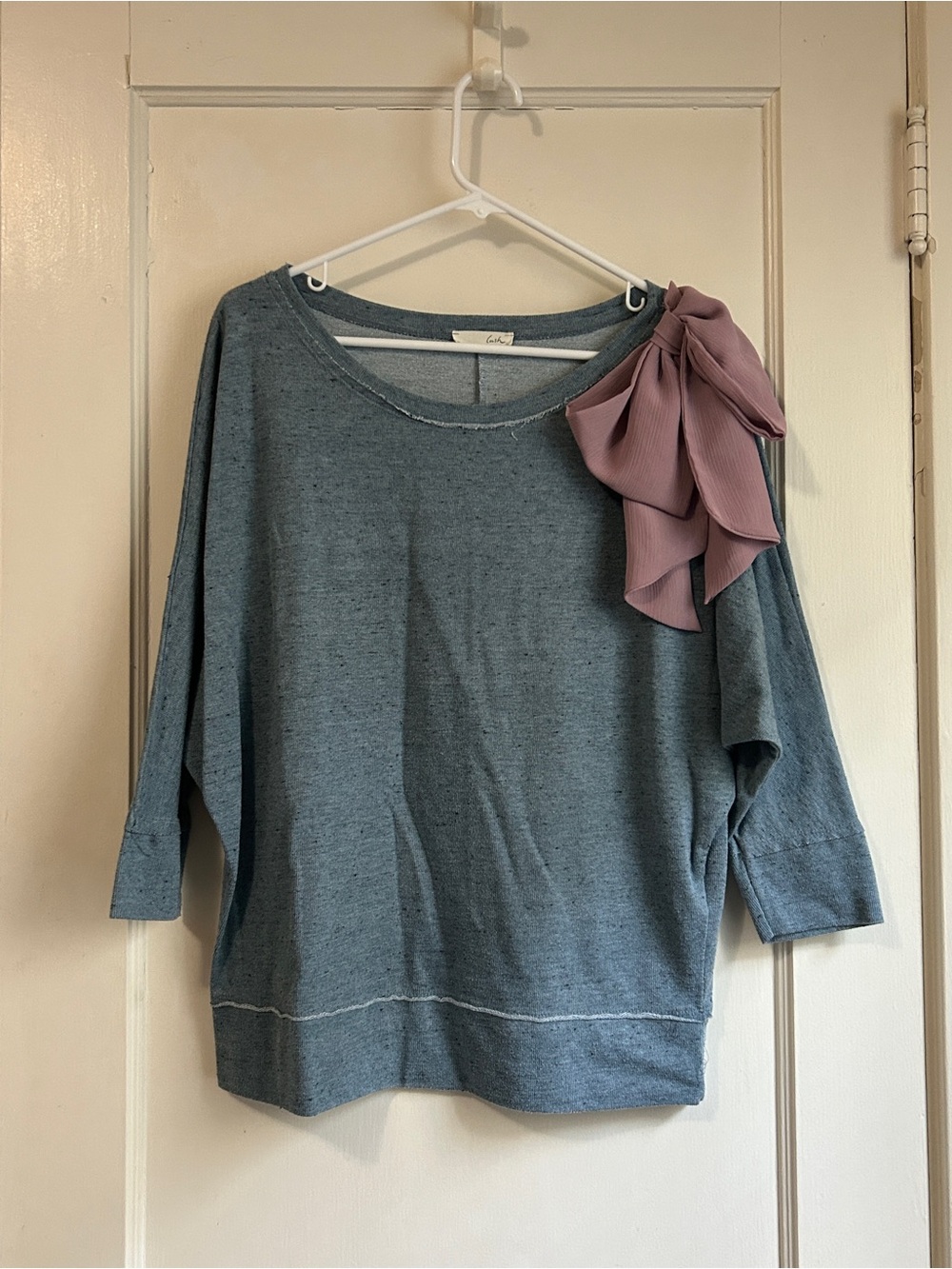 Lush Slate Blue Knit Sweatshirt with Mauve Bow Shoulder Accent